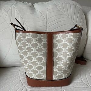 Celine Triomphe Tan and Grey Monogram Bucket Bag
